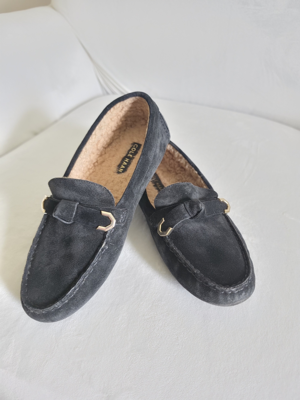 Cole Haan Evelyn Bow Driver Loafers with Silver Buckle